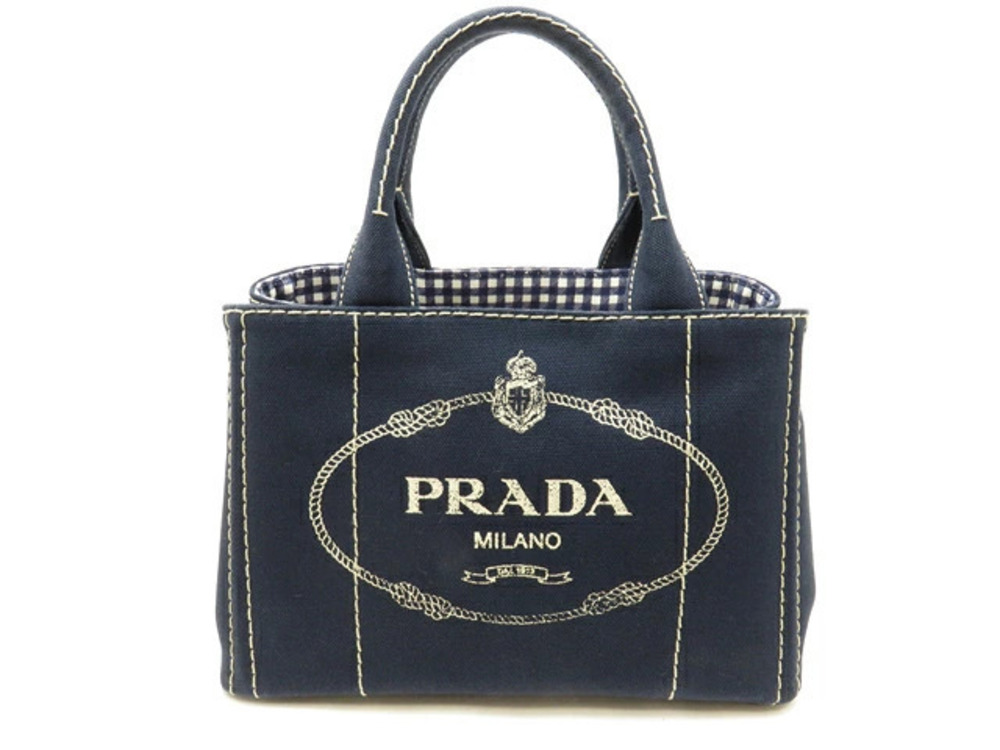 Prada Canapa Tote Bag Navy Blue Check Canvas